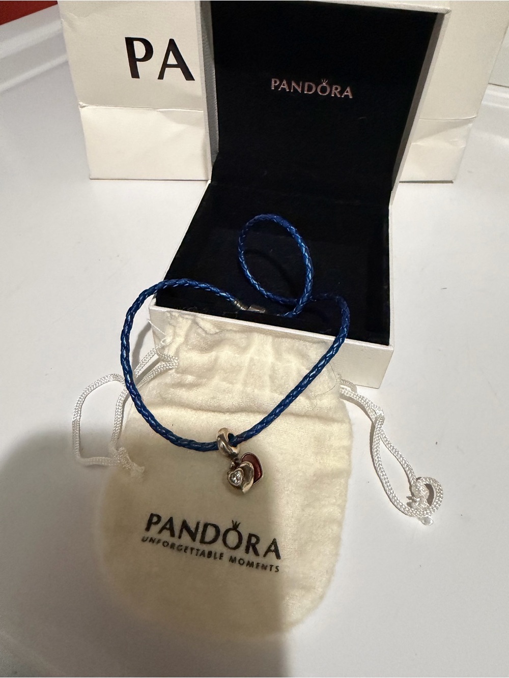 Pandora Blue Braided Leather Bracelet with Red Heart Charm and Silver Accent